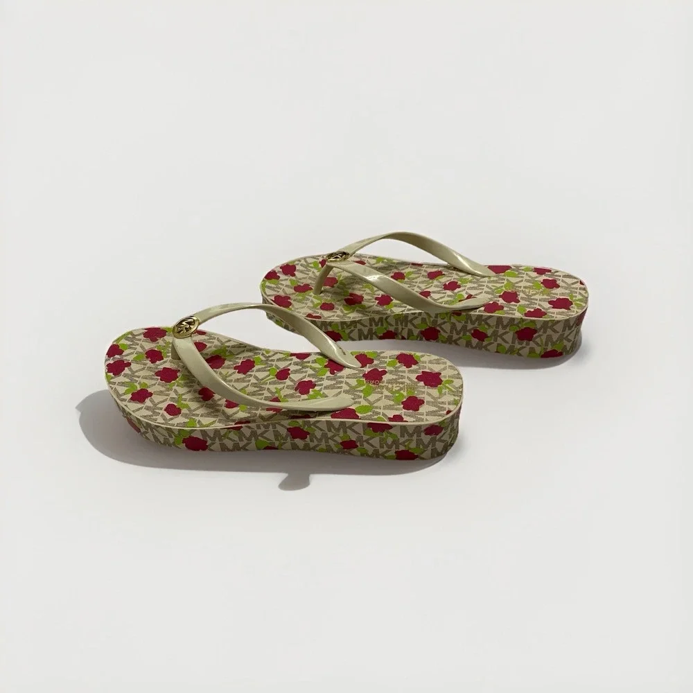 Michael Kors Women's Platform Flip Flops Wedges White/Floral Print Size 8